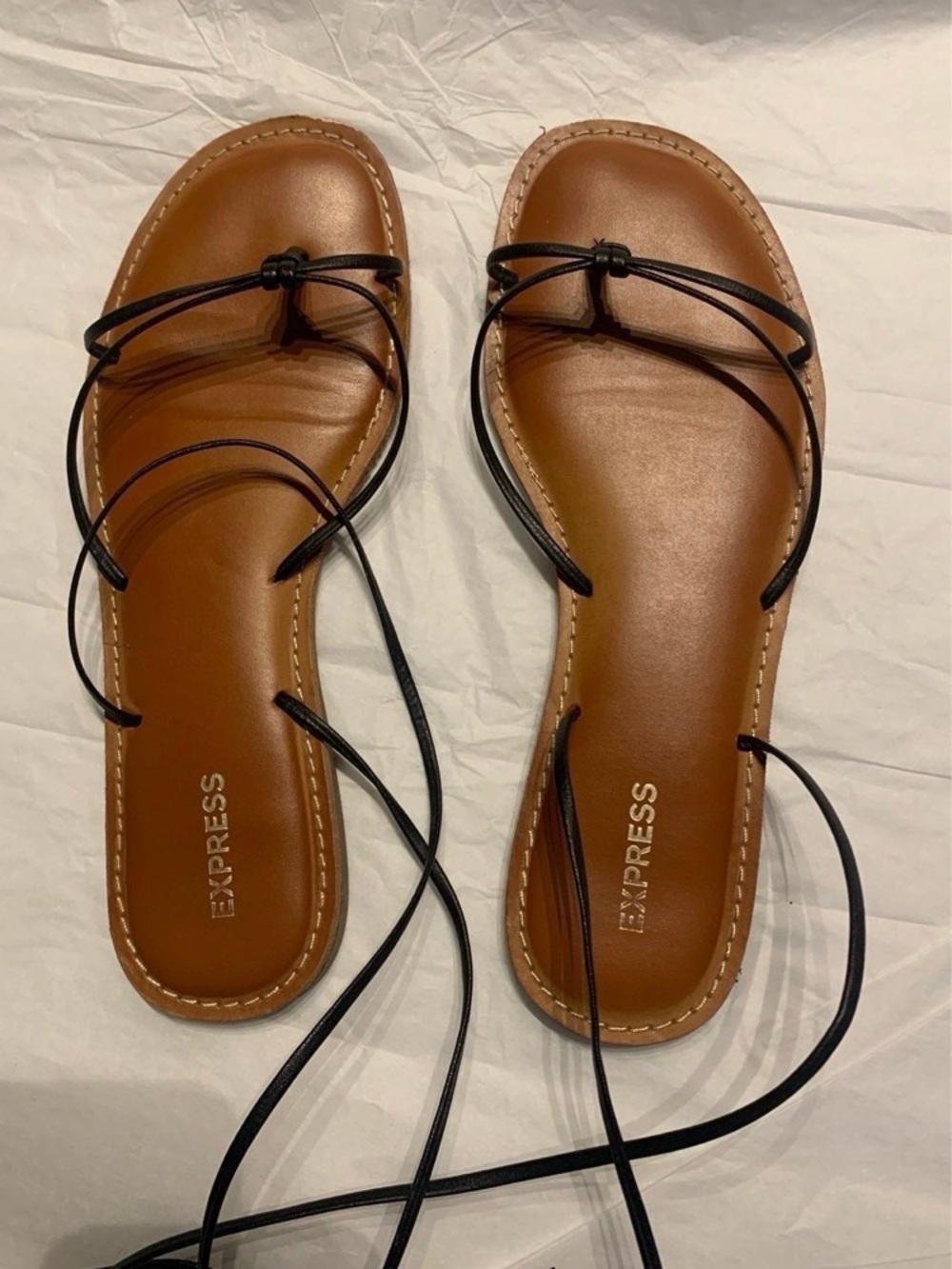 Express Tan Leather Slide Sandals with Black Lace Straps